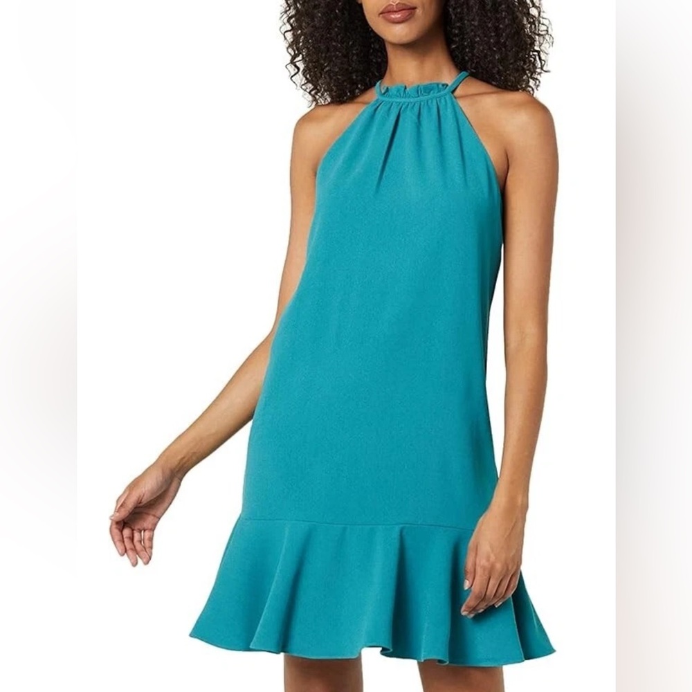 Trina Turk Aneeka Flounce-Hem Sleeveless Hatler Mini Blue Peacock Dress Size 8
